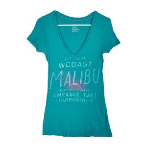 American Eagle Y2K Graphic T-shirt Juniors Small Slim Long Teal Preppy Malibu